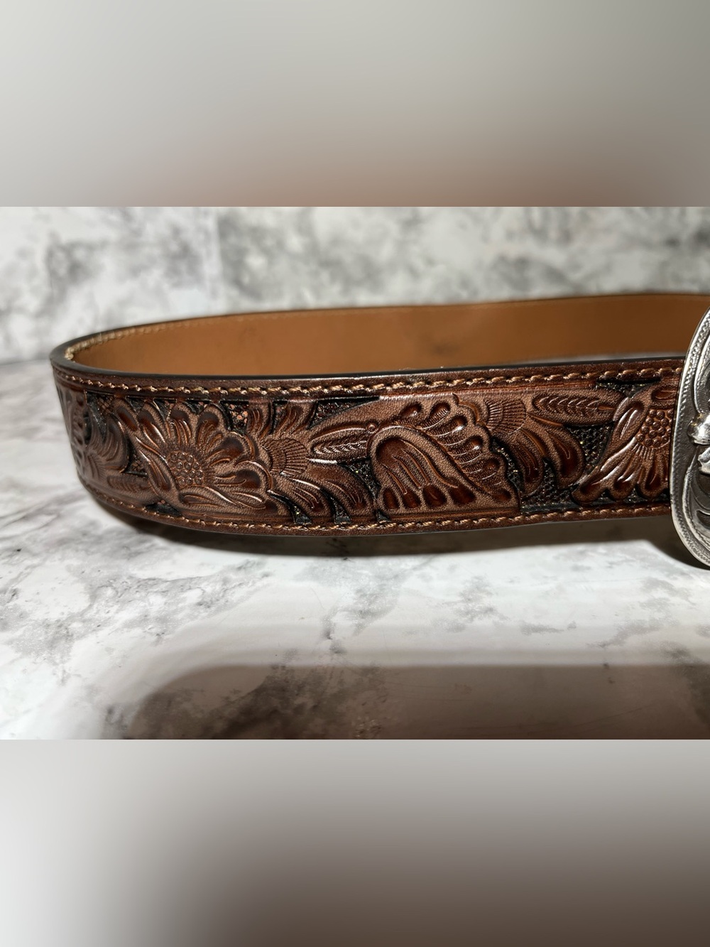 Nocona Brown Tooled Leather Belt with Ornate Silver Buckle - Picture 4 of 12
